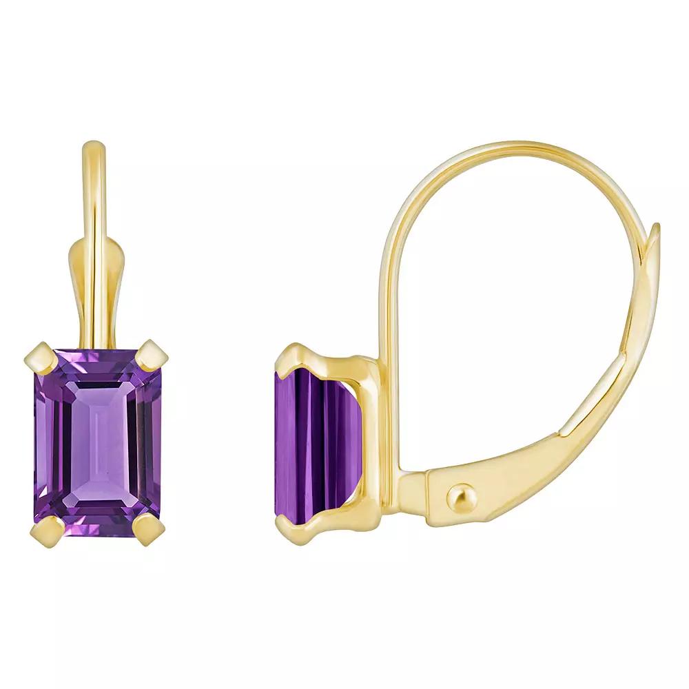 Celebration Gems 10k Gold Emerald Cut Amethyst Leverback Earrings, Women's Product Image
