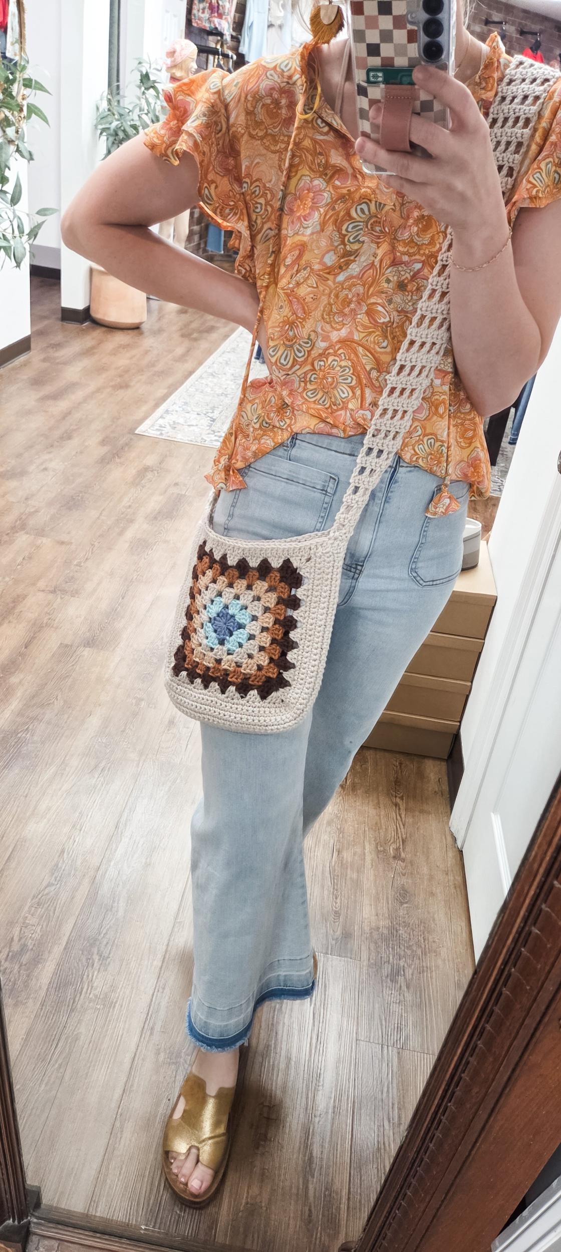 Hand Crocheted Crossbody Purse (Blue/Neautral) Product Image