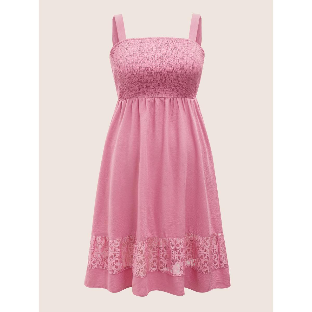 Plus Size Solid Shirred Pocket Contrast Lace Cami Dress Pink Women Elegant Non Non Sleeveless Curvy Midi Dress BloomChic 30/6X Product Image