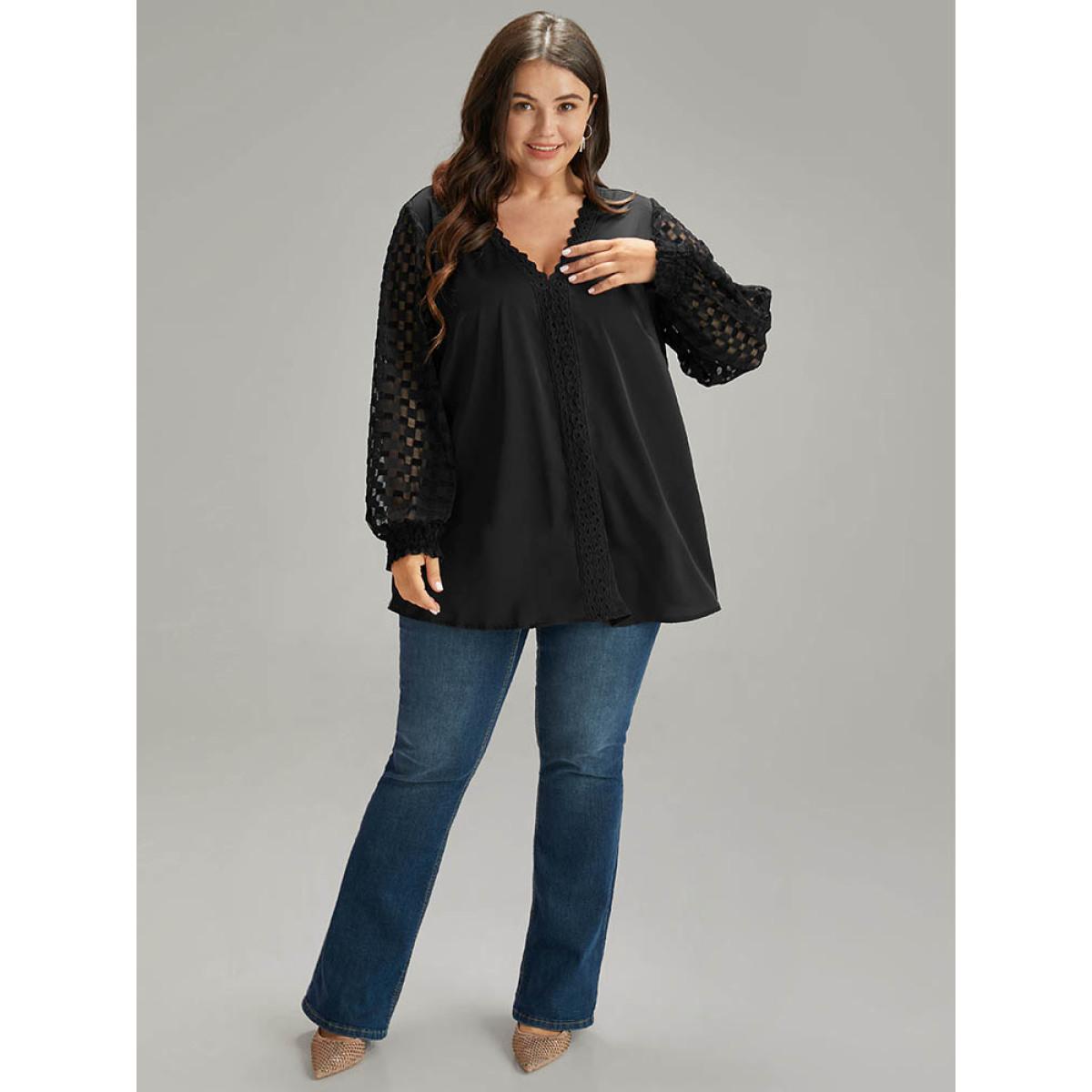 Plus Size Black Lace Panel V Neck Shirred Mesh Blouse Women Glamour Long Sleeve V-neck Going out Blouses BloomChic 30/6X Product Image
