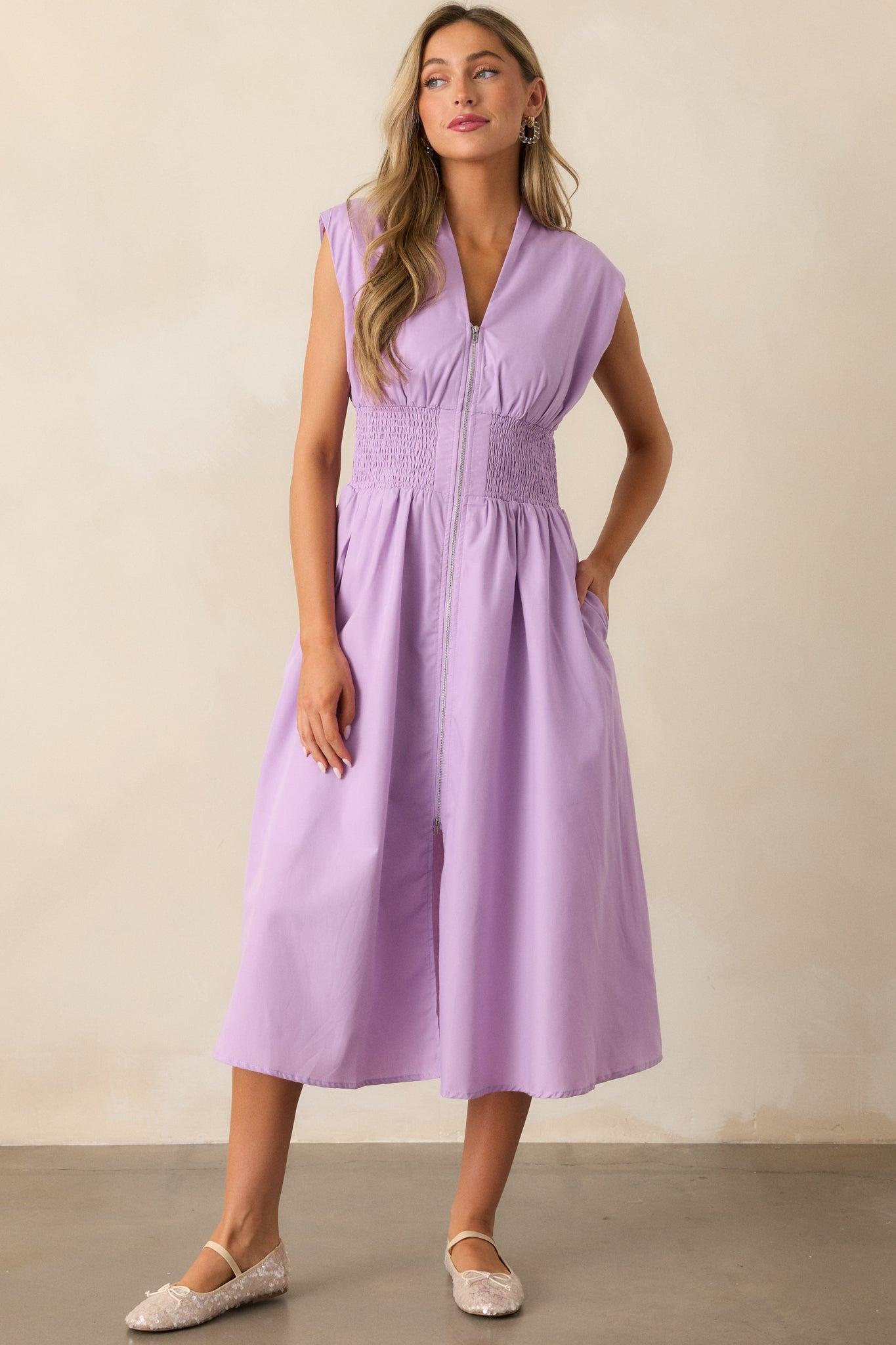 The Evette Lavender Zip Front Midi Dress Product Image