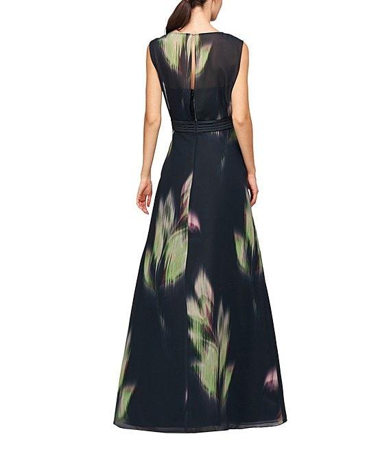 Kay Unger Floral Printed Chiffon Boat Neck Sleeveless Keyhole Back Side Pocket Gown Product Image