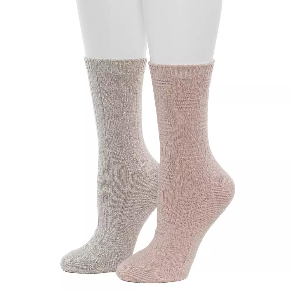 Women's Cuddl Duds® 2-Pack Plushfill Lace Diamond Twist with Rib Crew Socks, Size: 9-11, Sepia Pink Product Image