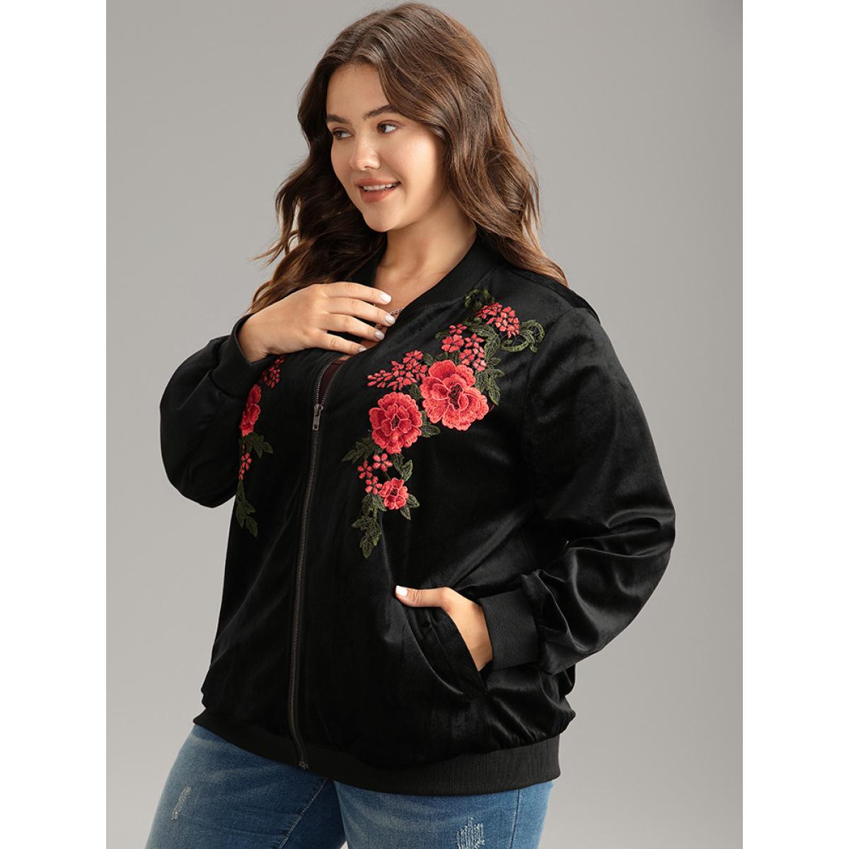Plus Size Velvet Floral Embroidered Zipper Pocket Bomber Jacket Women Black Contrast Pocket Dailywear Jackets BloomChic 10/M Product Image