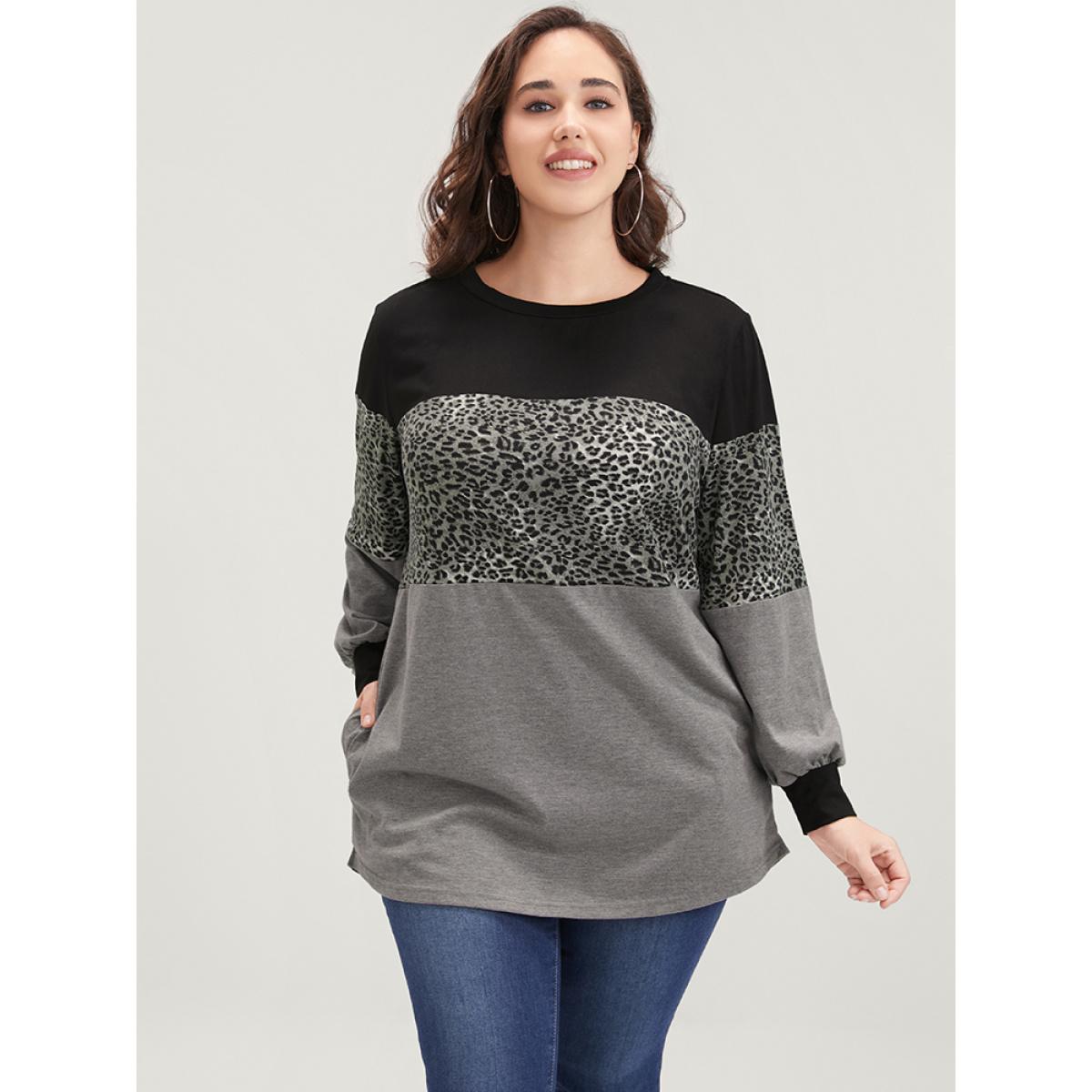 Plus Size Leopard Contrast Drop Shoulder Sweatshirt Women DimGray Casual Patchwork Round Neck Dailywear Sweatshirts BloomChic 10/M Product Image