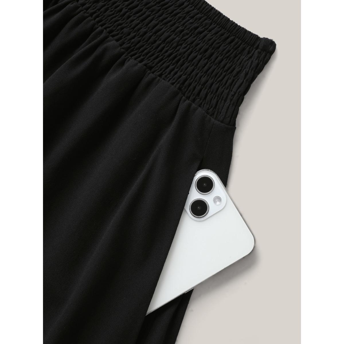 Plus Size Wide Shirred Waist Flared Maxi Skirt Women Black Casual Shirred No stretch Side seam pocket Everyday-Casual Skirts BloomChic 18-20/2X Product Image