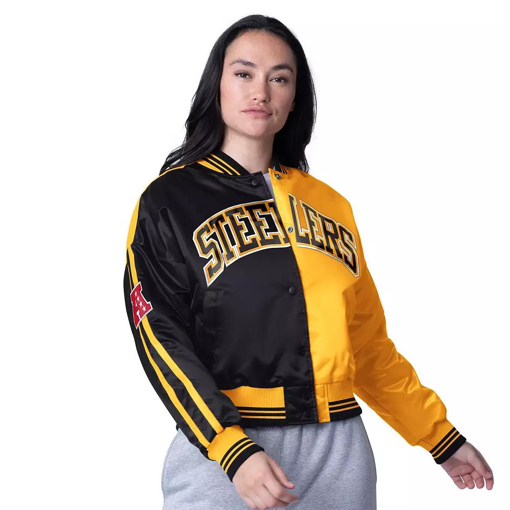 Women's Starter  Black/Gold Pittsburgh Steelers Zone Blitz Cropped Full-Snap Satin Jacket, Size: Small Product Image