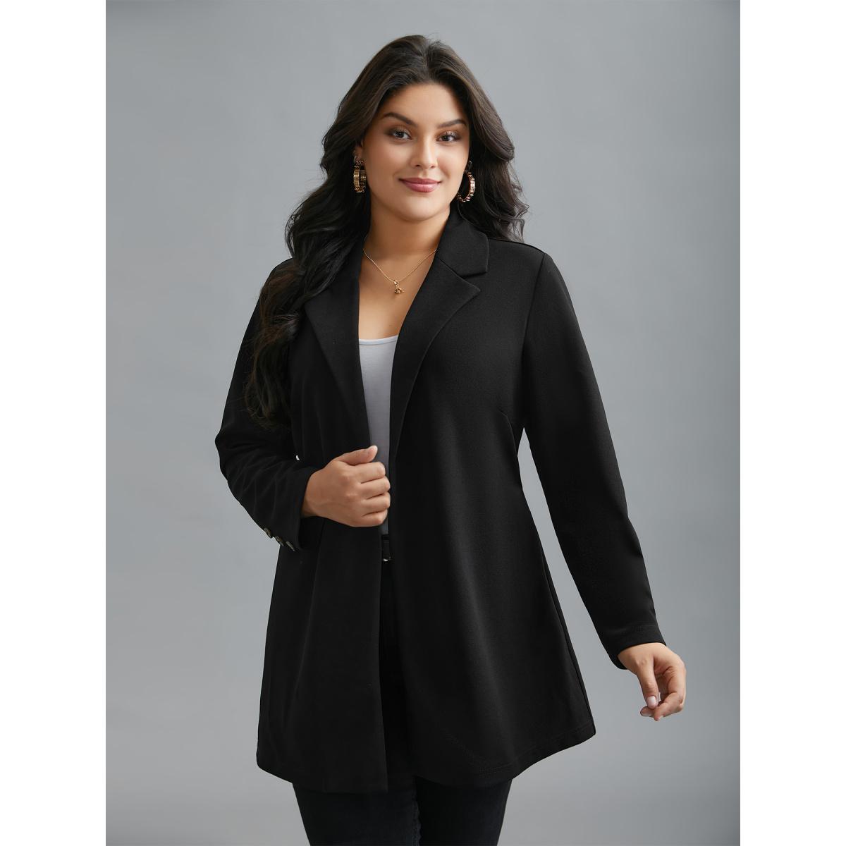 Plus Size Lapel Collar Belted Button Detail Jacket Women Black Belted Bodycon Side seam pocket Belt Everyday Jackets BloomChic 12/L Product Image