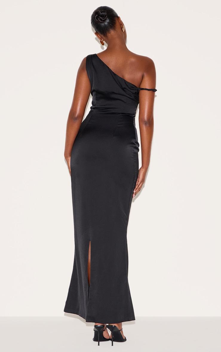 Black Satin Asymmetric Bardot Twist Maxi Dress Product Image