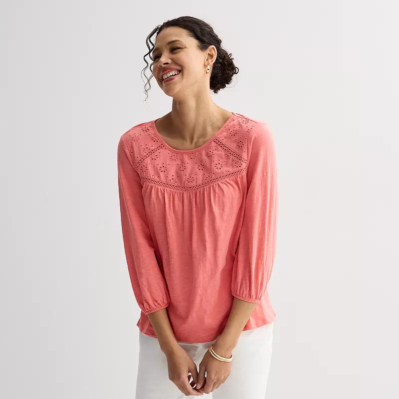 Women's Croft & Barrow® Three-Quarter Sleeve Eyelet Yoke Top, Size: Small, Blue Product Image