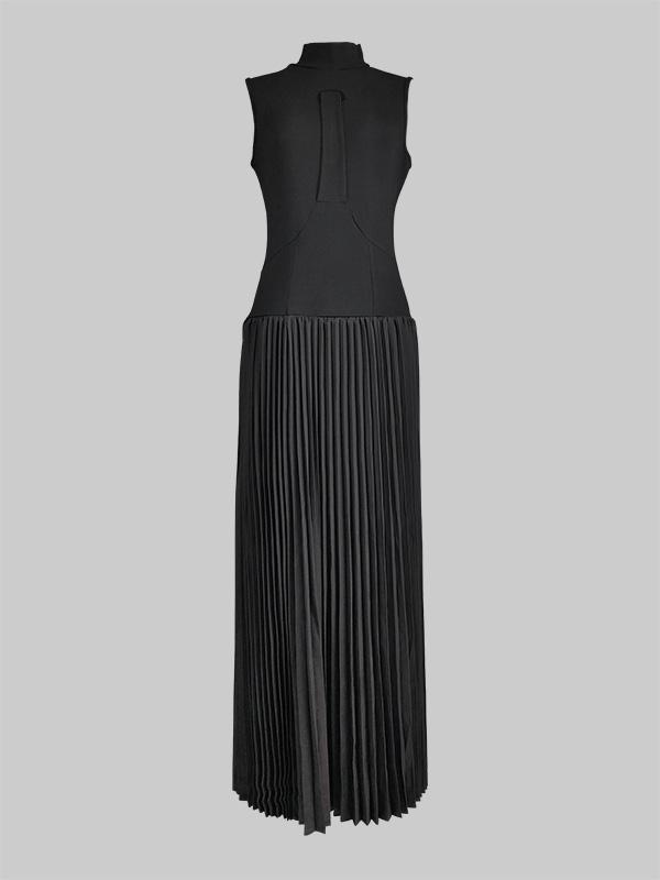Bodycon Sleeveless Hollow Pleated Solid Color Split-Joint Mock Neck Maxi Dresses Product Image