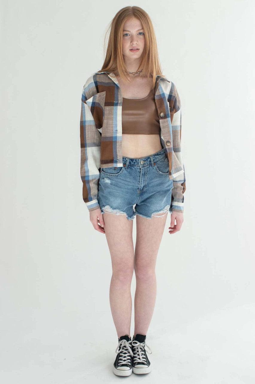 Blue & Brown Linen Blend Plaid Cropped Jacket Product Image