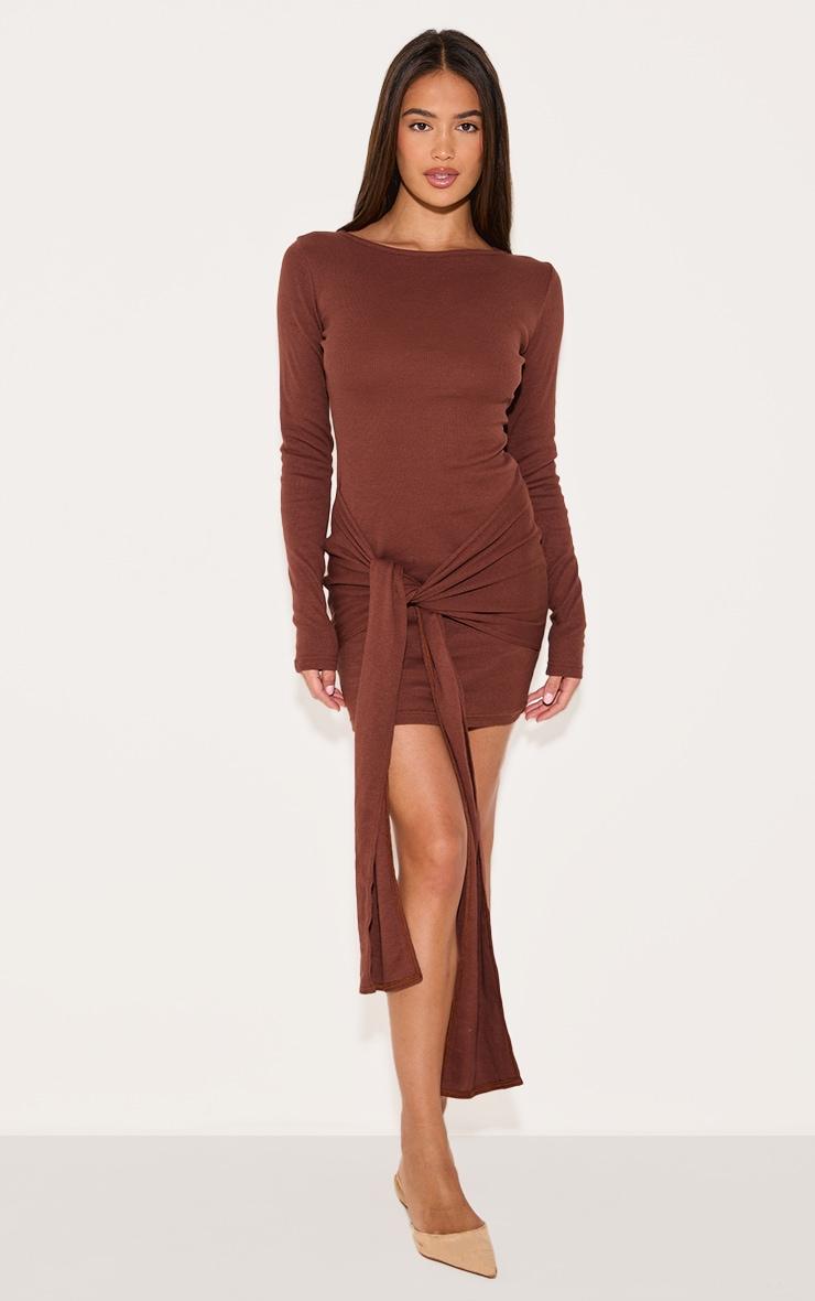  Chocolate Boat Neck Wrap Mini Dress Product Image