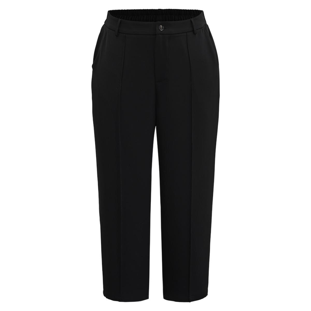 Plus Size Static-Free Solid Seam Detail Button Up Pants Women Black Office Straight Leg High Rise Work Pants BloomChic 10/M Product Image