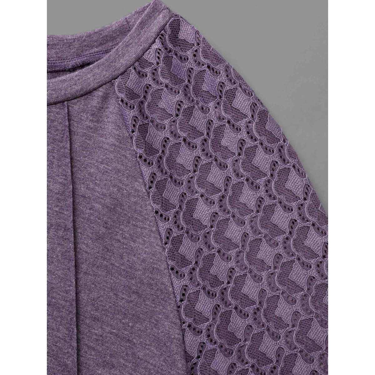 Plus Size Lace Patchwork Pleated Raglan Sleeve T-shirt Eggplant Women Casual Pleated Round Neck Everyday T-shirts BloomChic 10/M Product Image