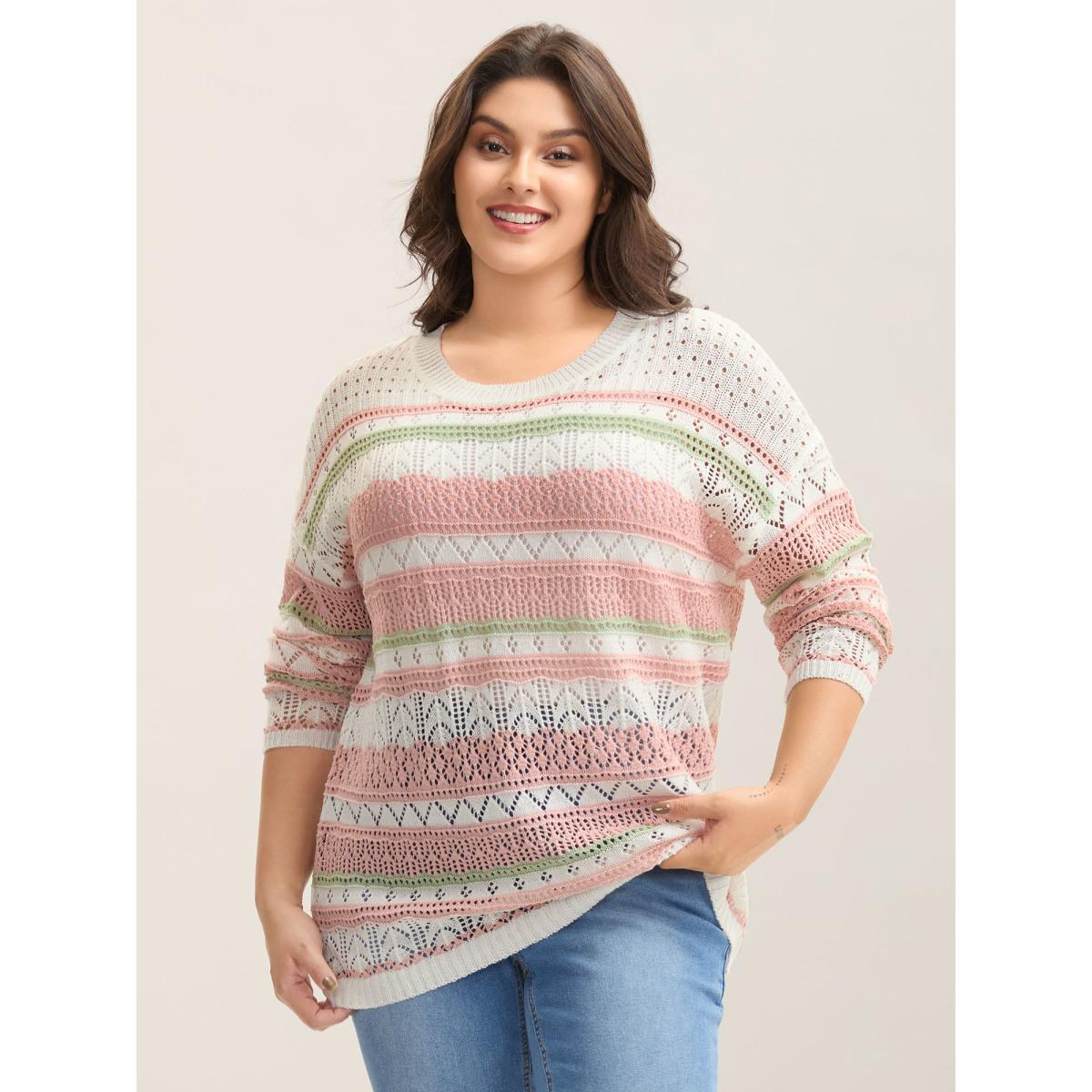 Plus Size Color Block Cut-Out Ribbed Pullover Ivory Women Casual Loose Long Sleeve Round Neck Everyday-Casual Pullovers BloomChic 12/L Product Image