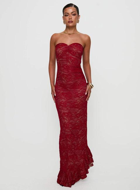 Hailees Lace Strapless Maxi Dress Red Product Image