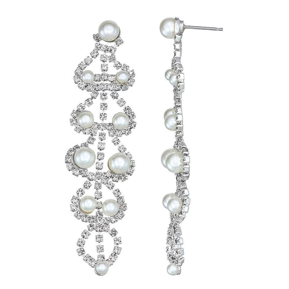 Vieste Simulated Crystal and Simulated Pearl Linear Scallop Nickel Free Earrings, Women's, Silver Tone Product Image