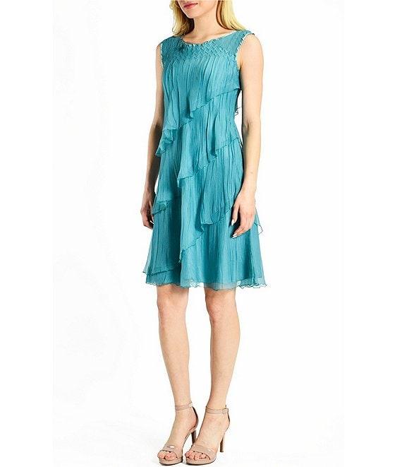 Komarov Chiffon Charmeuse Round Neck Sleeveless Pleated Asymmetrical Ruffle Tiered Dress Product Image