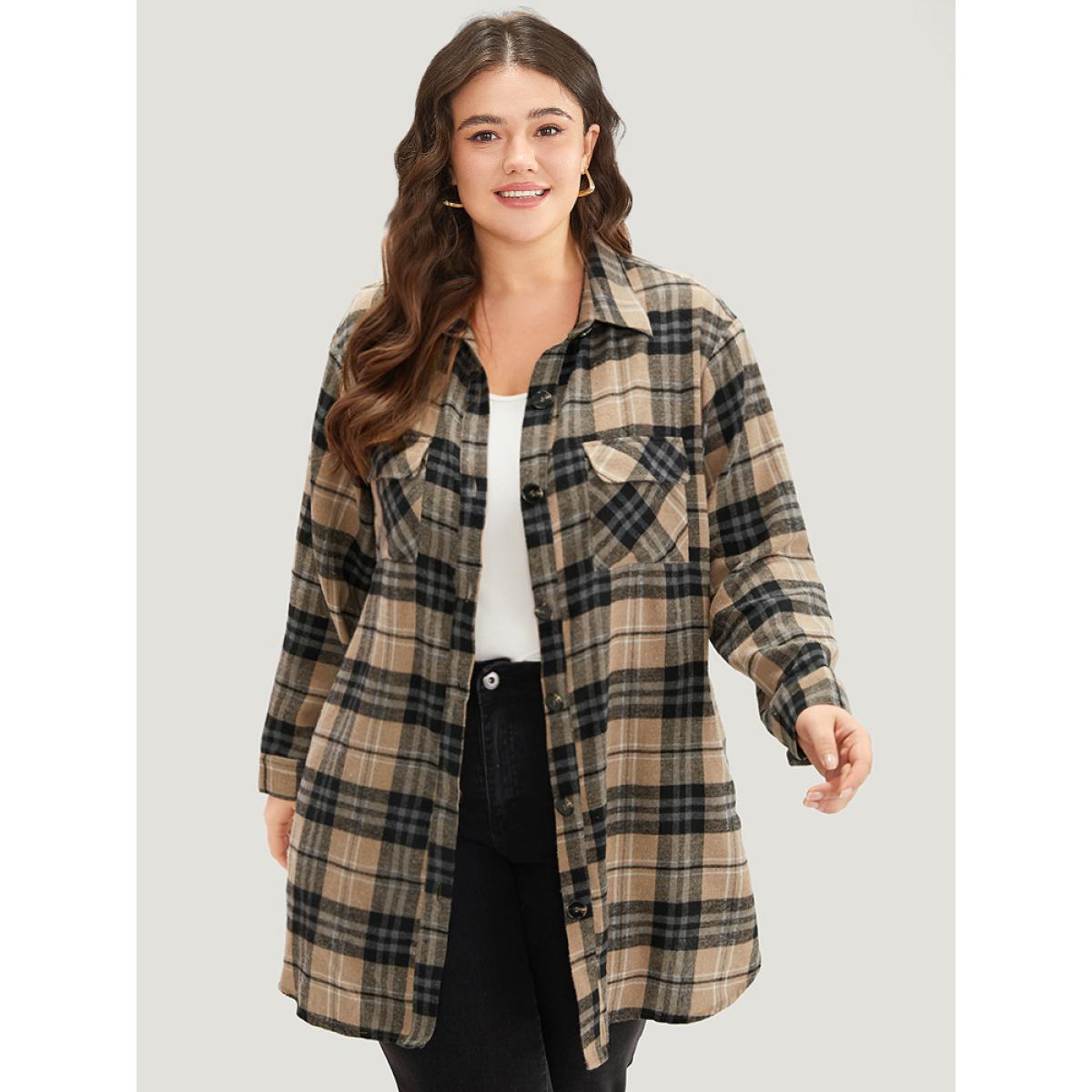 Plus Size Plaid Flap Pocket Curved Hem Coat Women Tan Contrast Pocket Dailywear Jackets BloomChic 10/M Product Image