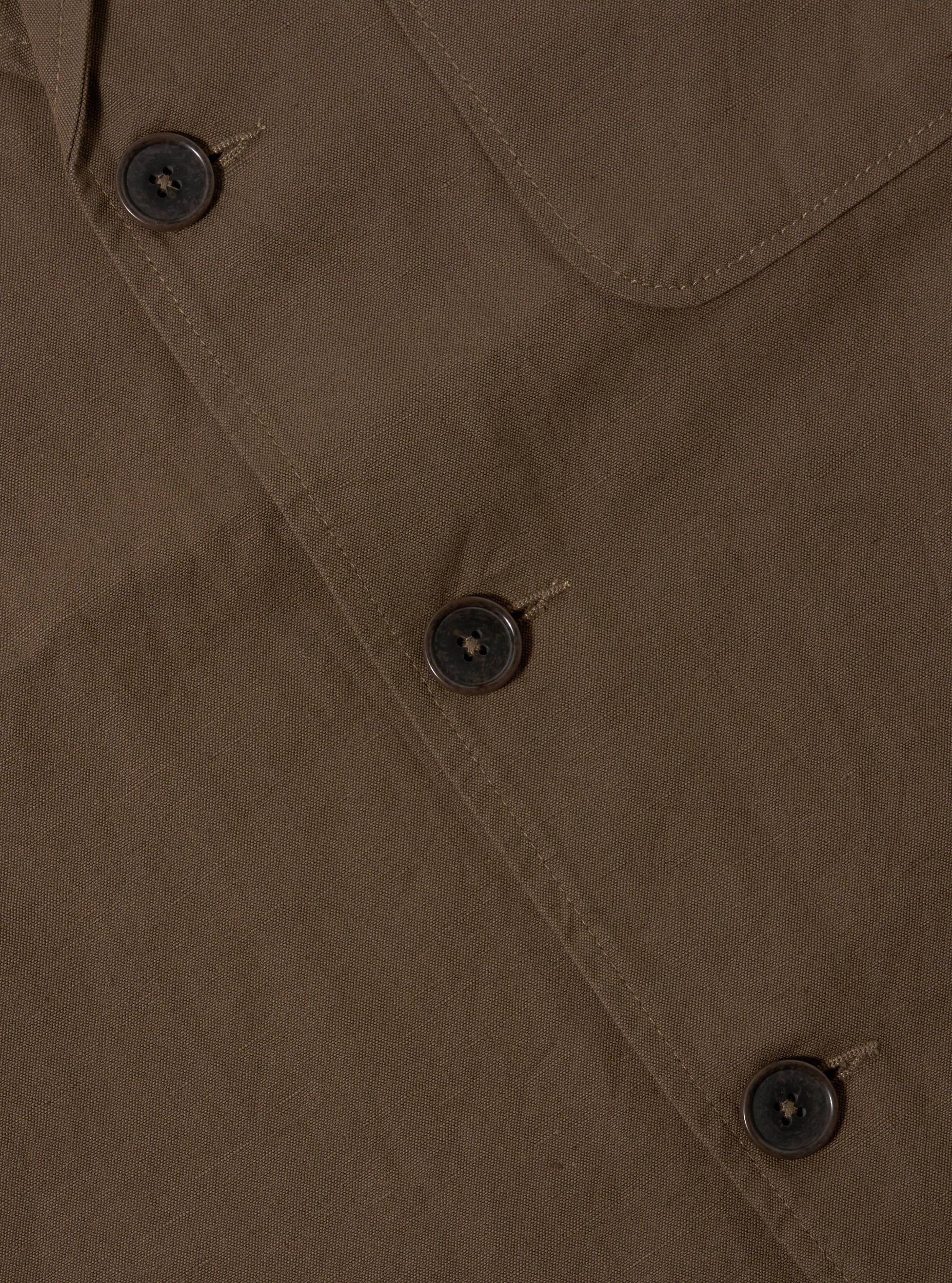 Universal Works Three Button Jacket in Khaki Linen Slub Weave Product Image