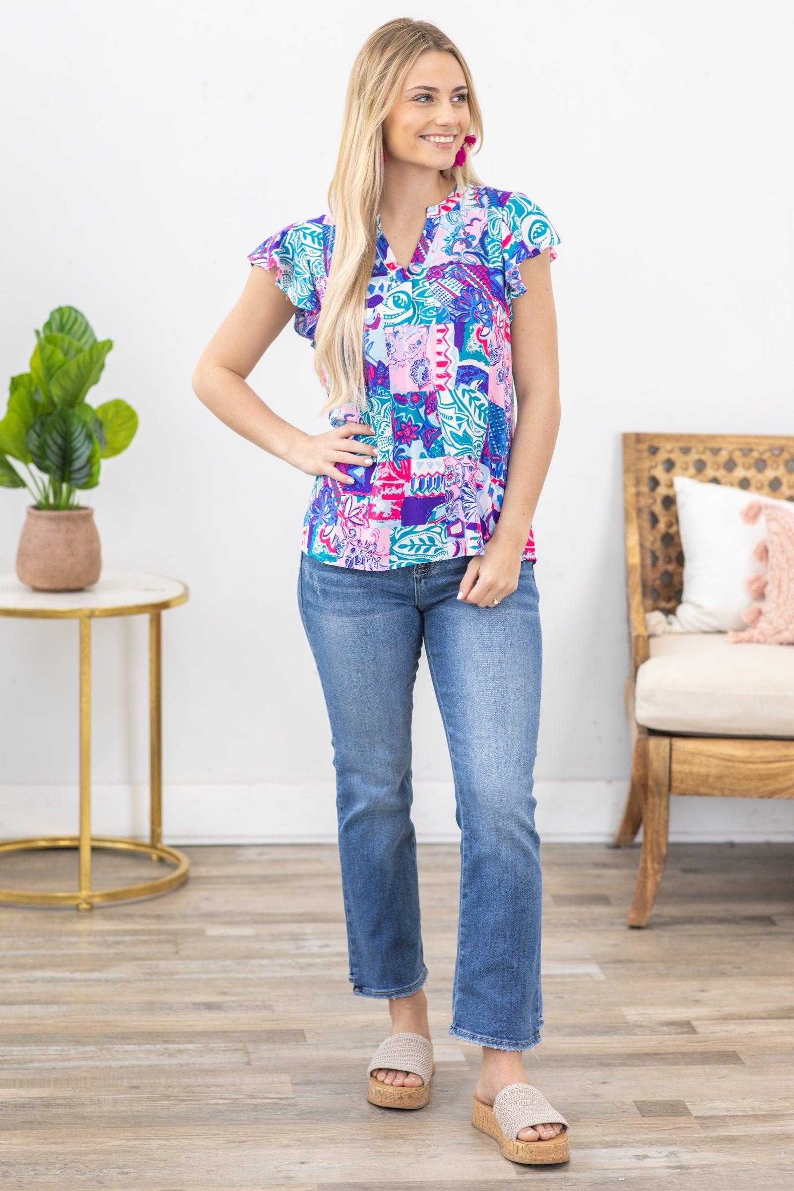 Cornflower And Teal Abstract Woven Top Product Image