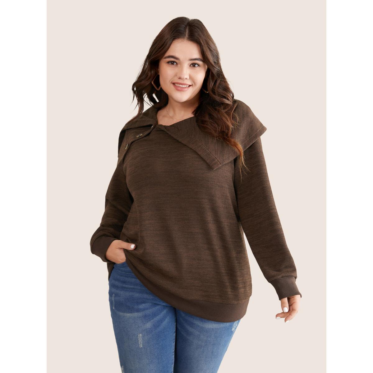 Plus Size Plisse Lapel Collar Button Detail Sweatshirt Women DarkBrown Casual Texture Lapel Collar Dailywear Sweatshirts BloomChic 10/M Product Image