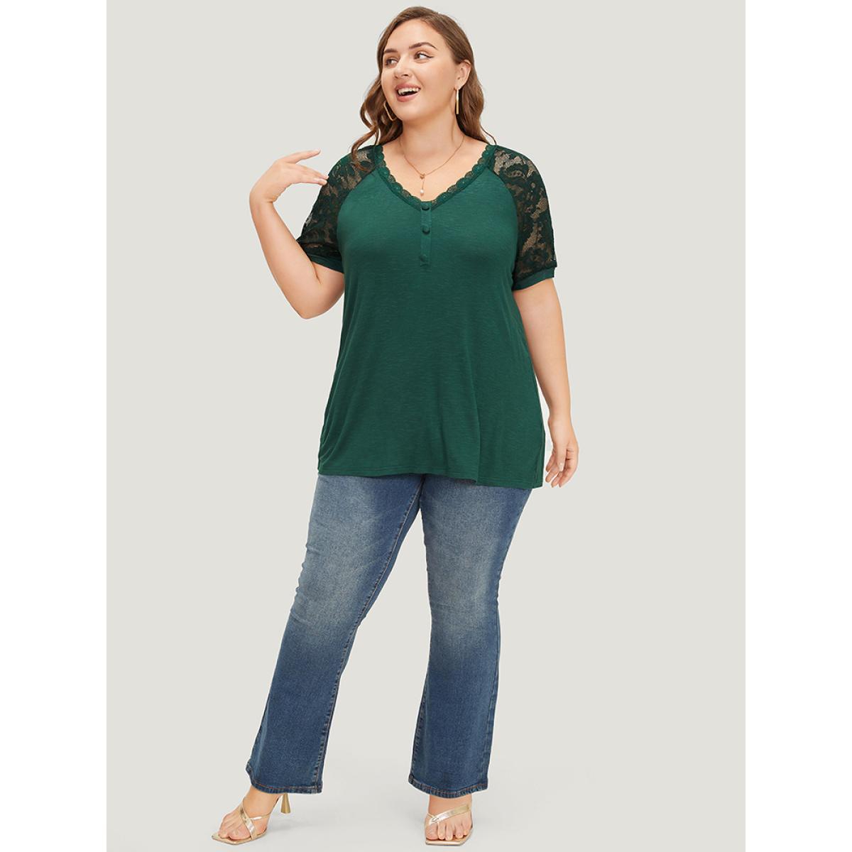 Plus Size Plain Button Detail Lace Heather T-shirt DarkGreen Women Elegant Heather Plain V-neck Dailywear T-shirts BloomChic 10/M Product Image