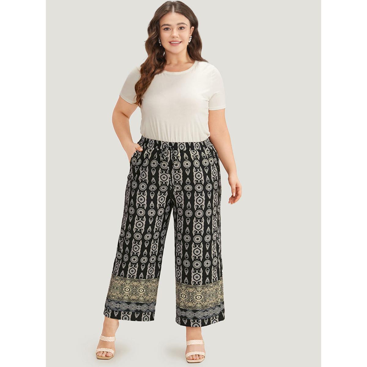 Plus Size Boho Print Straight leg Pants Women Black Vacation Straight Leg High Rise Dailywear Pants BloomChic 18-20/2X Product Image