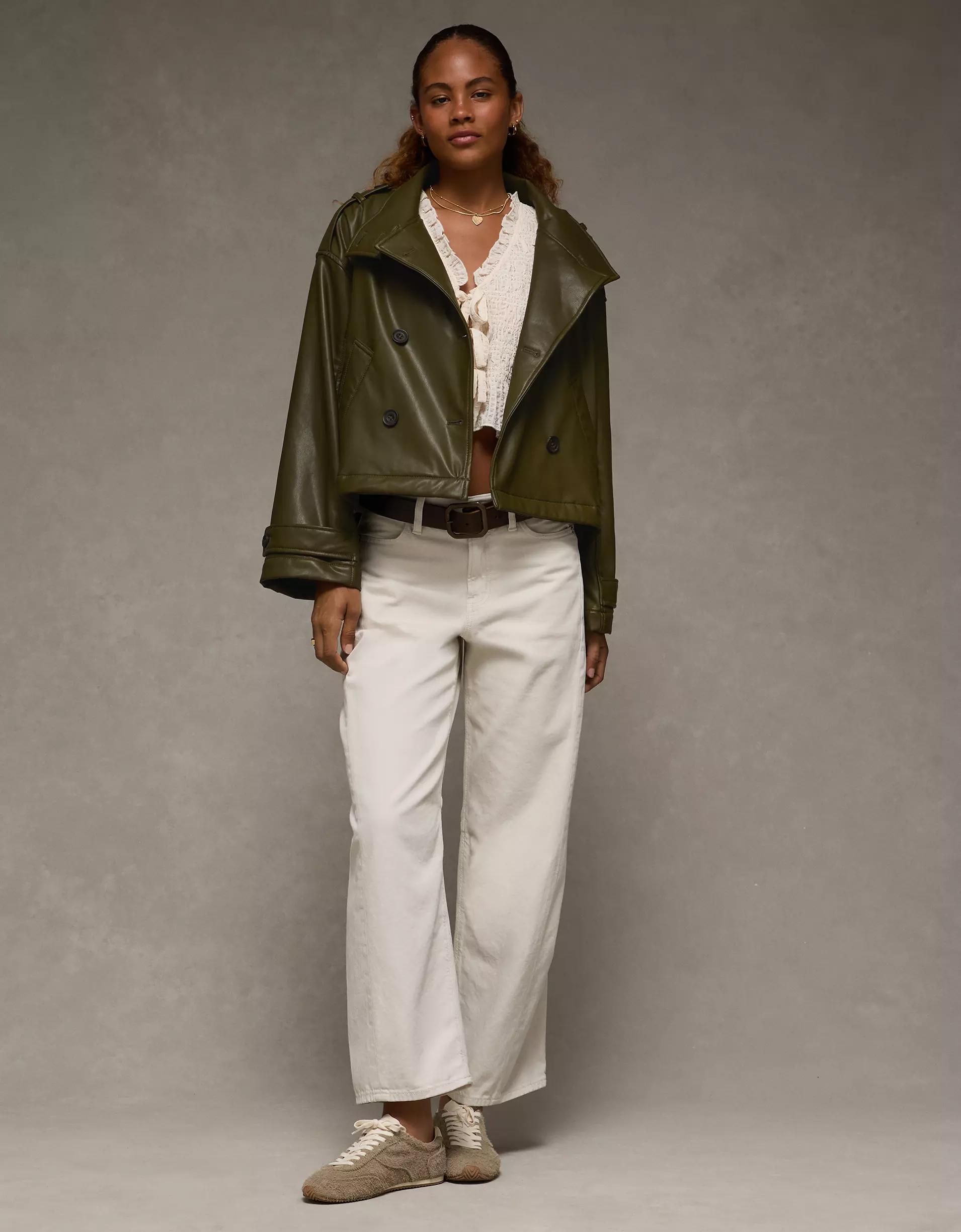 AE Faux Leather Cropped Trench Jacket Product Image