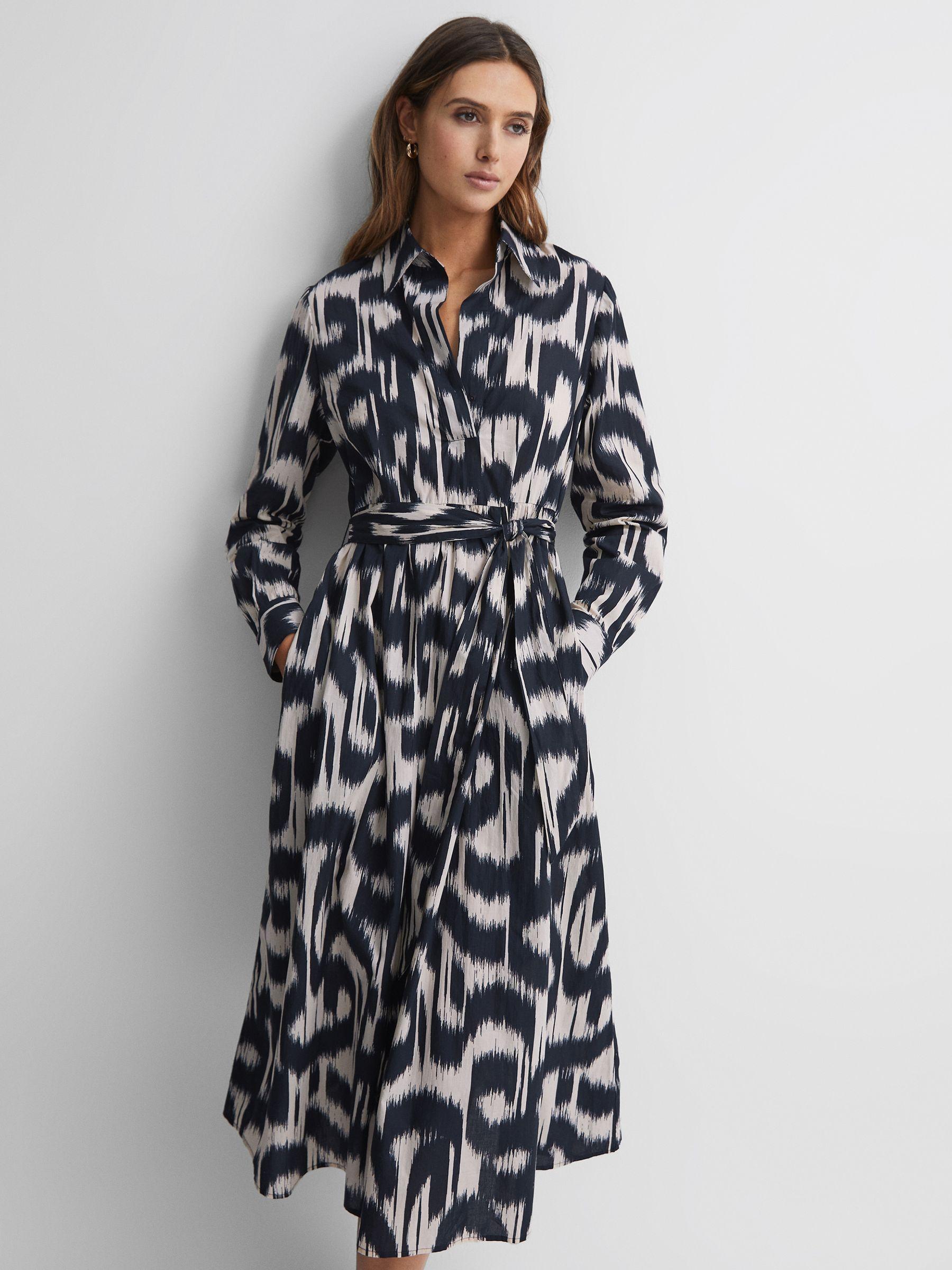 Printed Midi Dress in Black/Cream Product Image