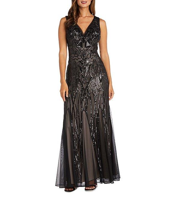 R & M Richards Sleeveless V-Neck Godet Skirt Embellished Long Sequin Dress Product Image