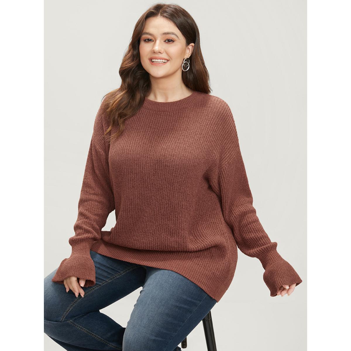 Plus Size Solid Pointelle Knit Round Neck Bell Sleeve Knit Top Bronze Women Casual Loose Long Sleeve Dailywear Pullovers BloomChic 26/4X Product Image