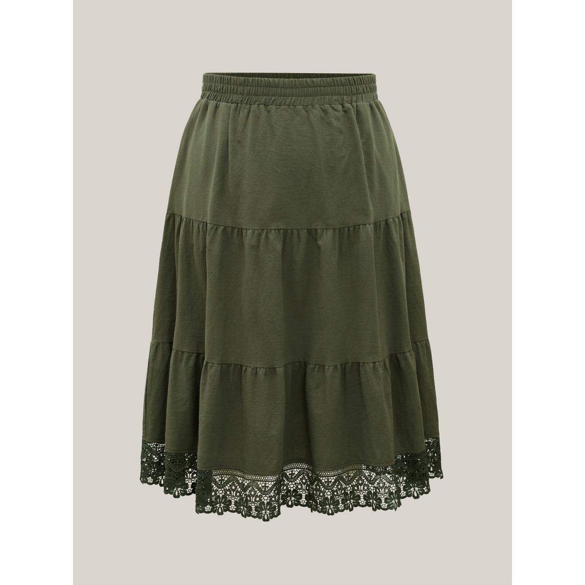 Plus Size Stretchy Waist Lace Tiered Midi Skirt Women ArmyGreen Elegant Gathered No stretch Side seam pocket Everyday Skirts BloomChic 28/5X Product Image