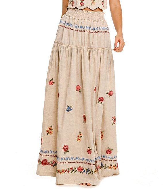 Agua Bendita Jenna Blush Floral Embroidered Smocked Waist Maxi Skirt Product Image