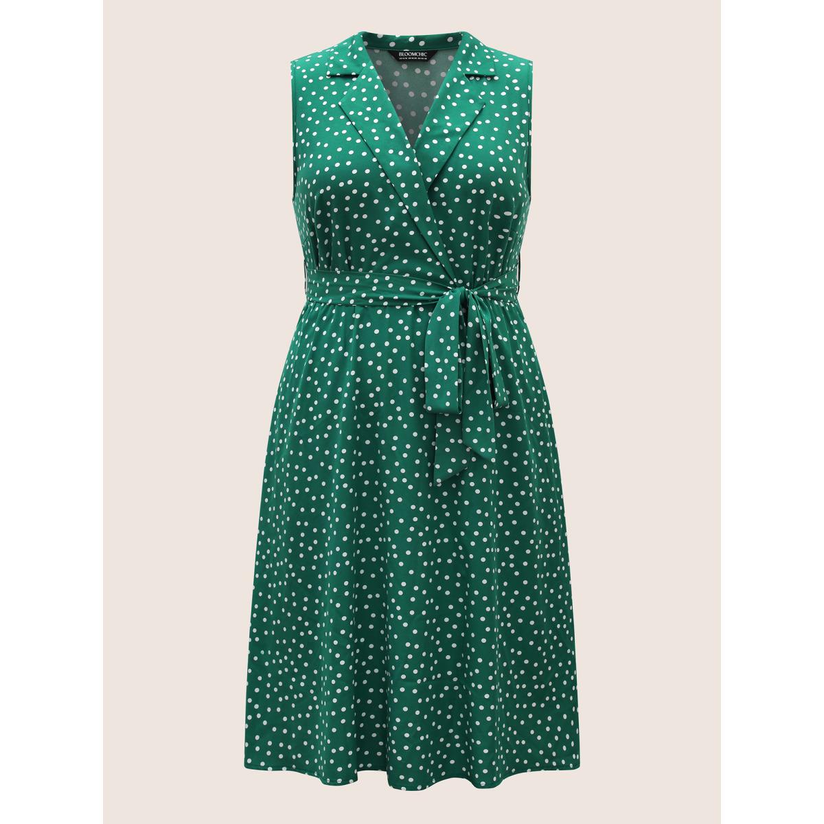 Plus Size Collared Polka Dot Dress Teal Women Elegant Belted Suit Collar Sleeveless Curvy BloomChic 12/L Product Image