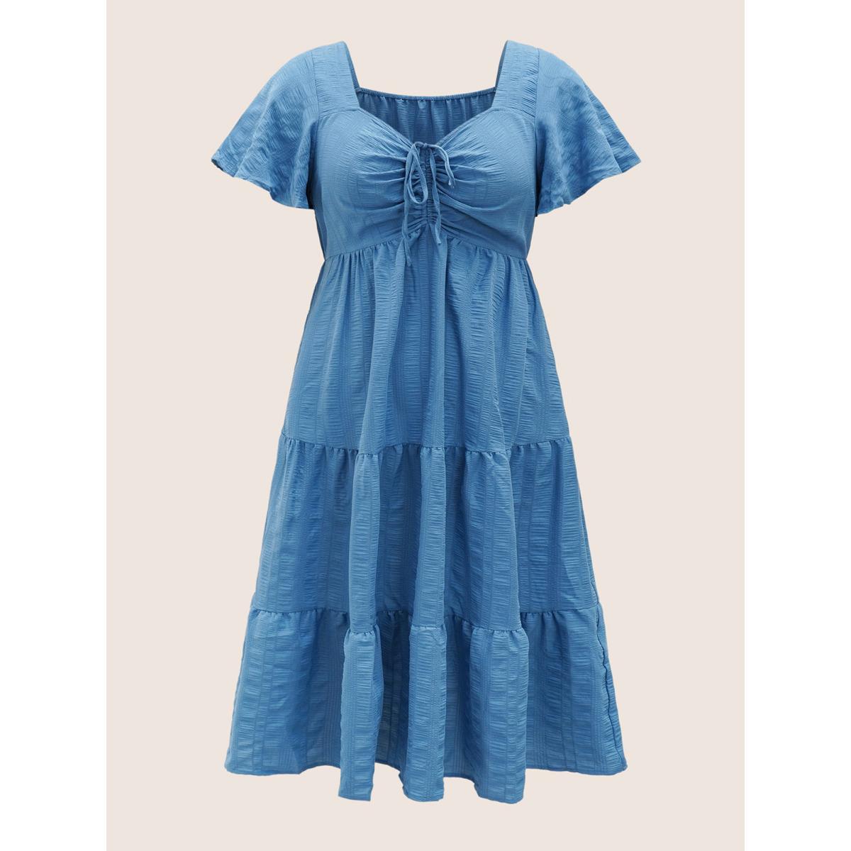 Plus Size Plain Ruched Drawstring Pocket Ruffle Tiered Dress Cerulean Women Timeless Non V-neck Short sleeve Curvy Midi Dress BloomChic 28/5X Product Image