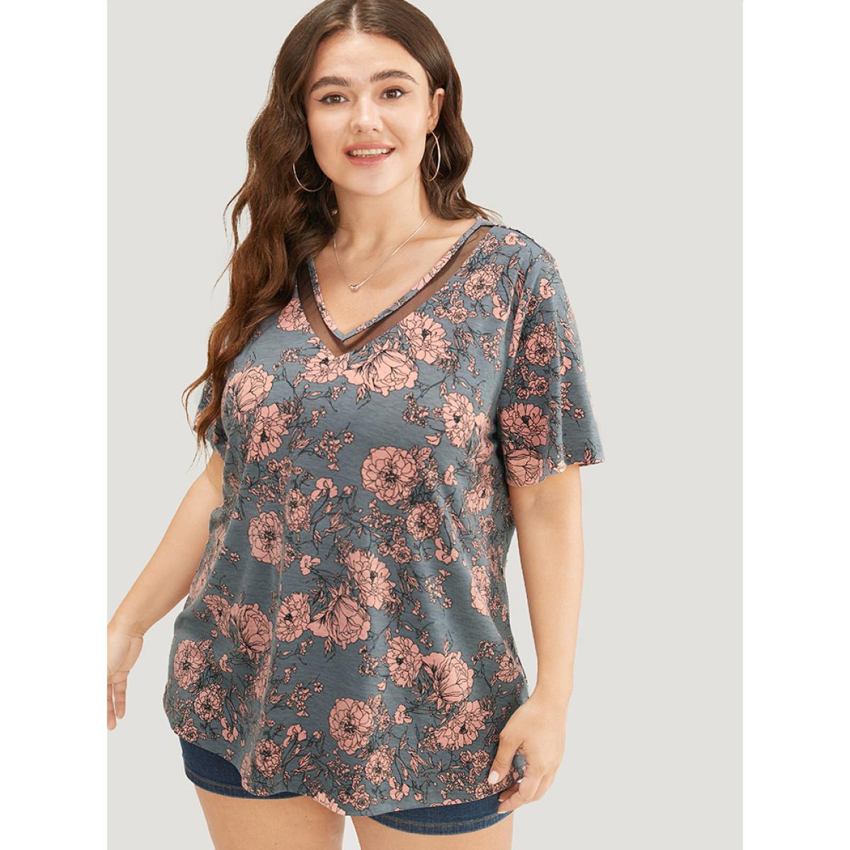 Plus Size Floral Print Mesh Insert Flutter Sleeve T-shirt Gray Women Elegant See through Floral V-neck Dailywear T-shirts BloomChic 22-24/3X Product Image