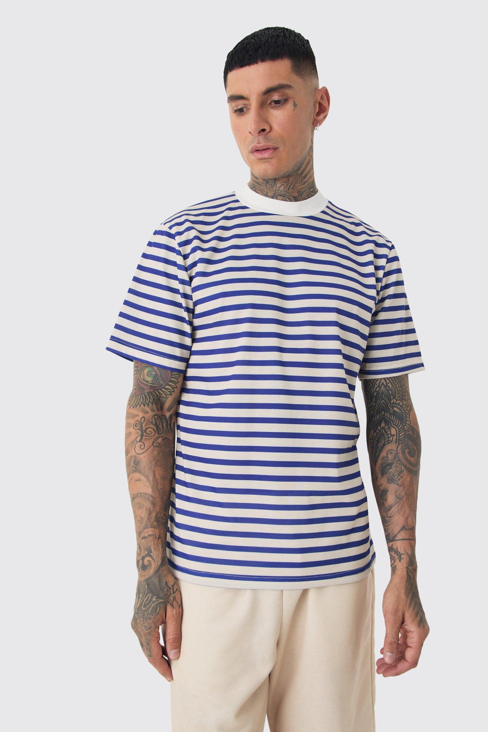 Tall Extended Neck Stripe T-shirt & Short Set | boohooMAN USA Product Image