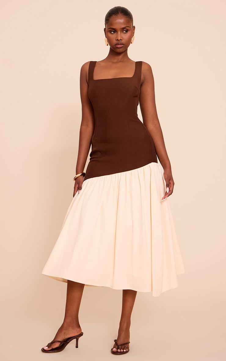 Chocolate Contrast Pleated Hem Square Neck Midaxi Dress Product Image