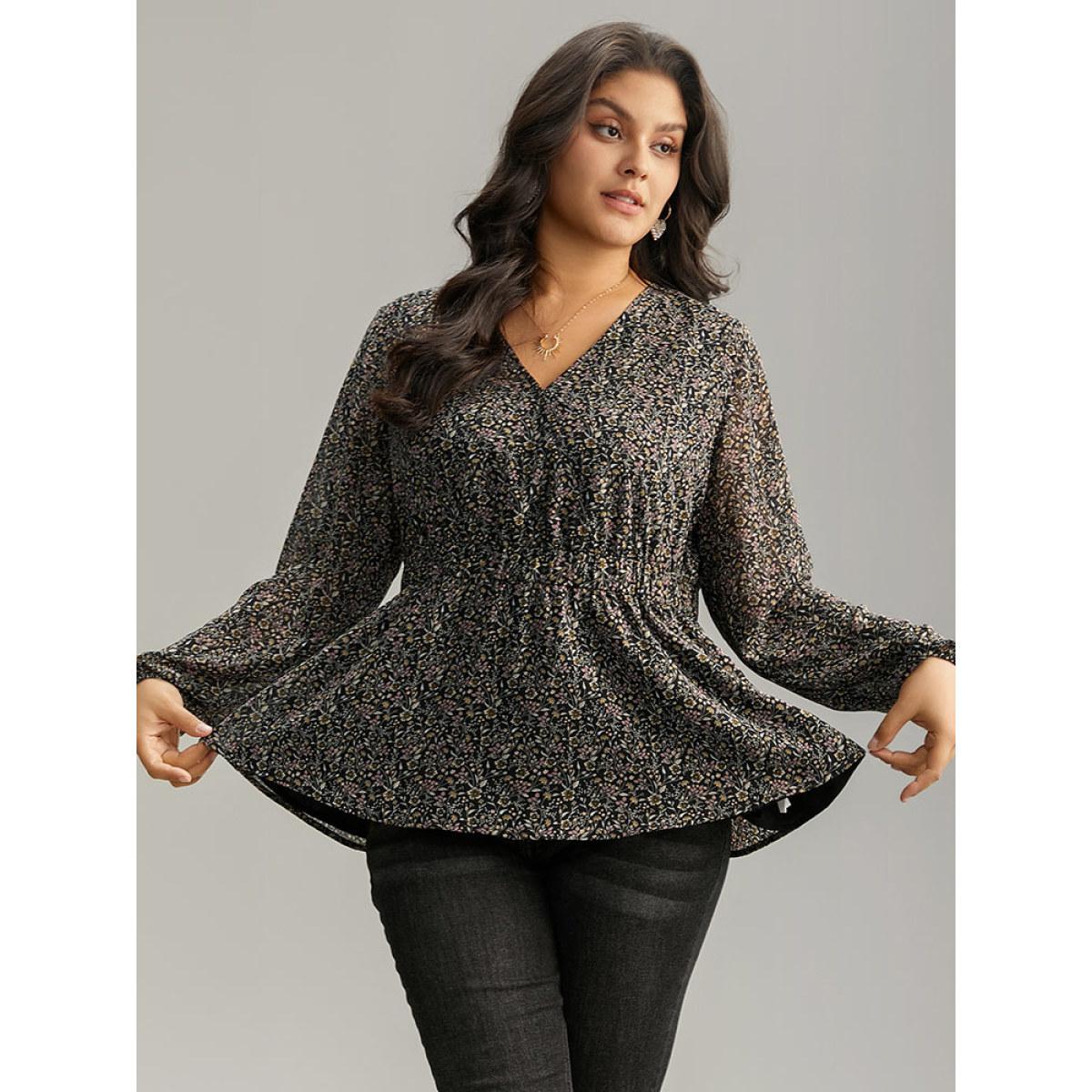 Plus Size Black Ditsy Floral Shirred Lantern Sleeve Blouse Women Elegant Long Sleeve V-neck Everyday Blouses BloomChic 14-16/1X Product Image