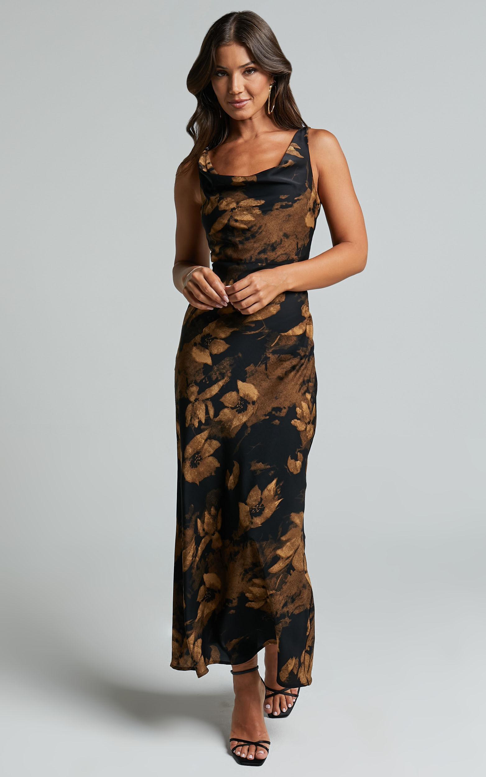 Dara Midi Dress - Low Neck Sleeveless Slip Dress in Amber Floral Print Product Image