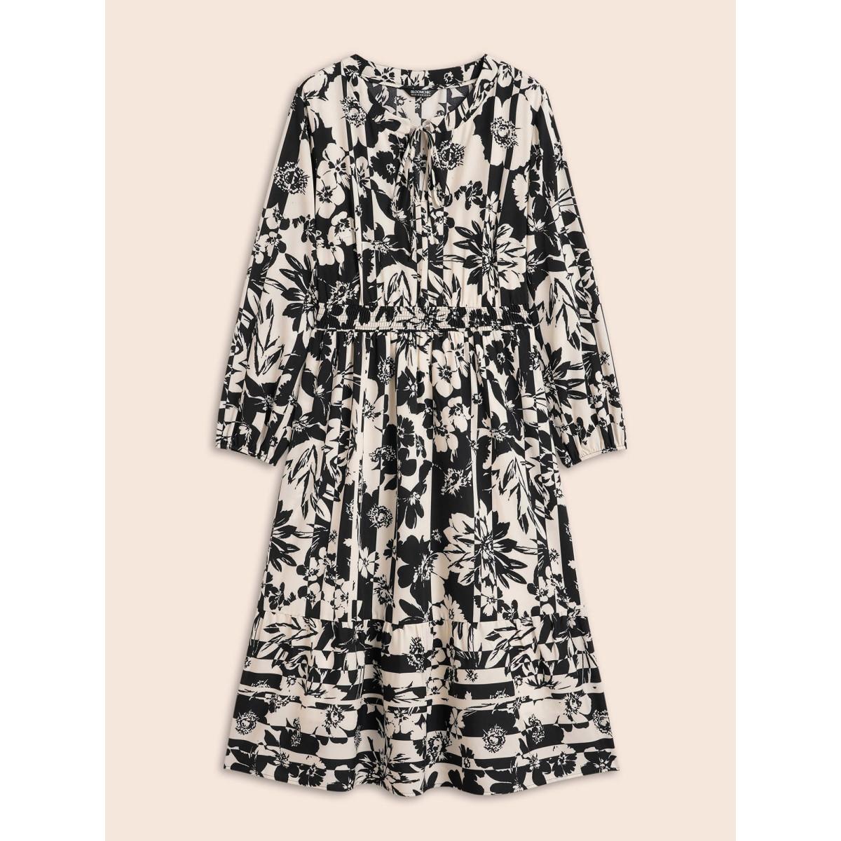 Plus Size Silhouette Floral Print Tie Knot Gathered Dress WhiteSmoke Women Elegant Tie knot V-neck Long Sleeve Curvy BloomChic 10/M Product Image