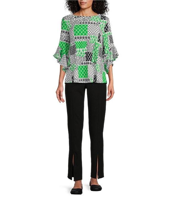 Multiples Slub Knit Georgette Geometric Multi Print Scoop Neck 3/4 Flounce Sleeve Fitted Top Product Image