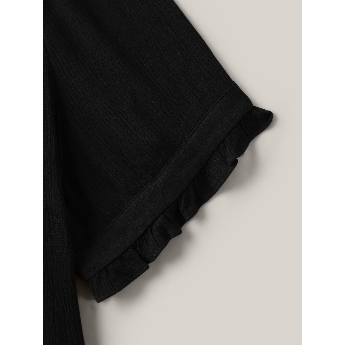 Plus Size Black Textured Button Detail Pleated Solid Top Women Leisure Short sleeve Round Neck Casual Blouses BloomChic 18-20/2X Product Image