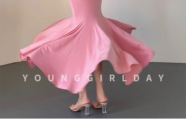 Short-Sleeve Square-Neck Plain Midi Mermaid Dress (Various Designs) Product Image