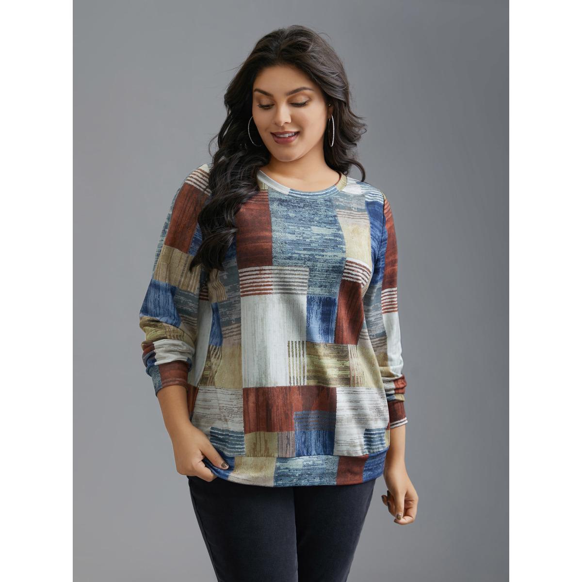 Plus Size Geometric Print Round Neck Sweatshirt Women Multicolor Casual Non Round Neck Everyday Sweatshirts BloomChic 12/L Product Image