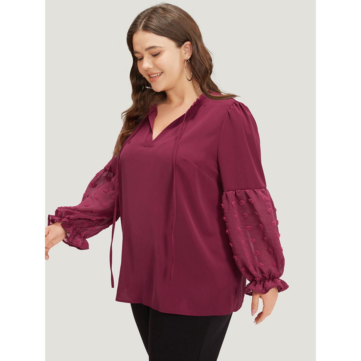 Plus Size Purple Anti-Wrinkle Plain Knot Neck Frill Trim Lantern Sleeve Blouse Women Casual Long Sleeve Tie Neck Everyday Blouses BloomChic 28/5X Product Image