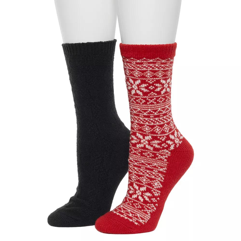 Women's Cuddl Duds® 2-Pack Plushfill Geo Snowflake with Cable Seed Crew Socks, Size: 9-11, Red Pepper Product Image