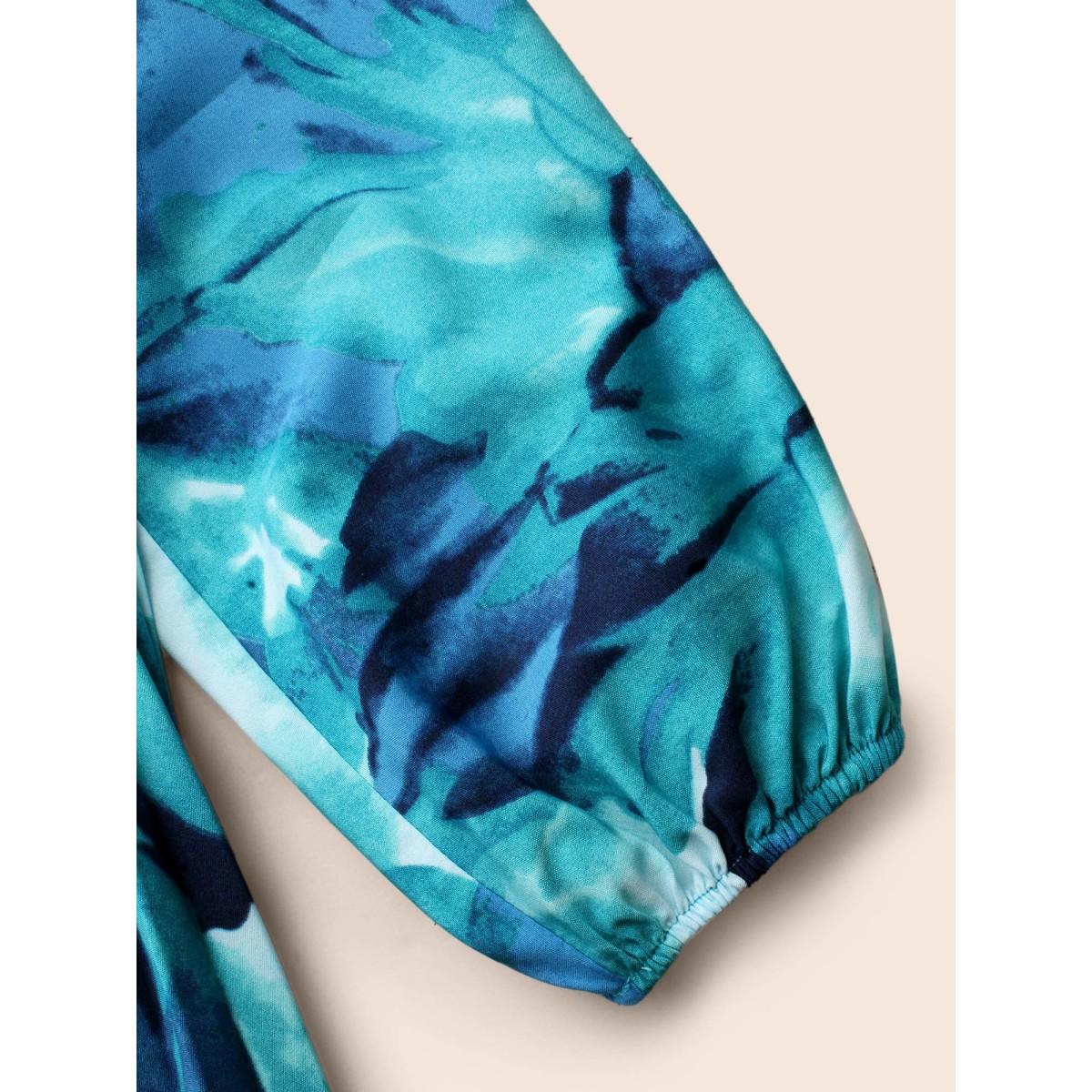 Plus Size Watercolor Floral Pleated Belted Dress DarkBlue Women Elegant Belted V-neck Long Sleeve Curvy BloomChic 22-24/3X Product Image